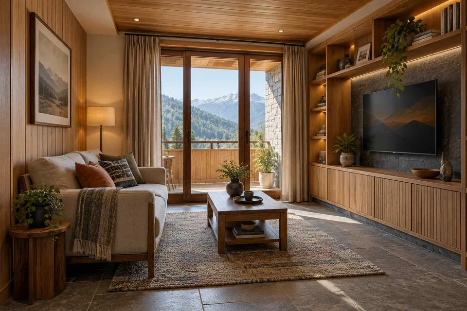 AI-generated living room design concept: storage wall lounge, hill timber direction