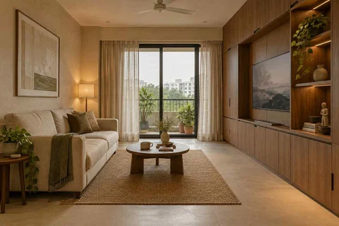AI-generated living room design concept: storage wall lounge, lime and walnut direction
