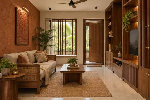 AI-generated living room design concept: storage wall lounge, malabar timber direction