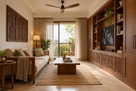 AI-generated living room design concept: storage wall lounge, modern carved direction