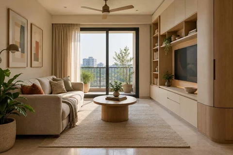AI-generated living room design concept: storage wall lounge, quiet contemporary direction