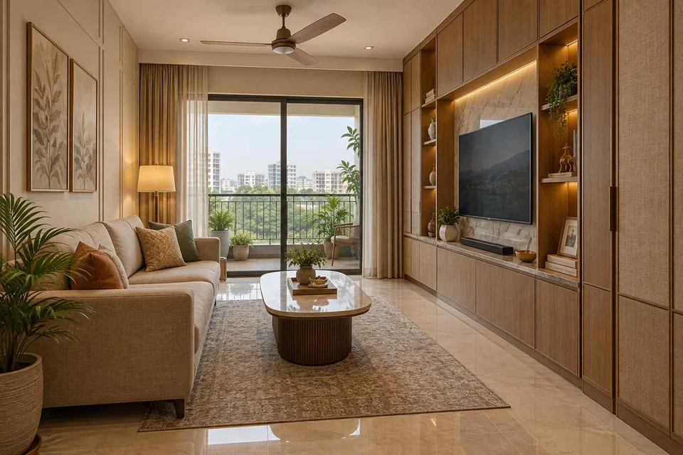 AI-generated living room design concept: storage wall lounge, quiet transitional direction