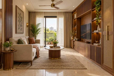 AI-generated living room design concept: storage wall lounge, rosewood brass direction