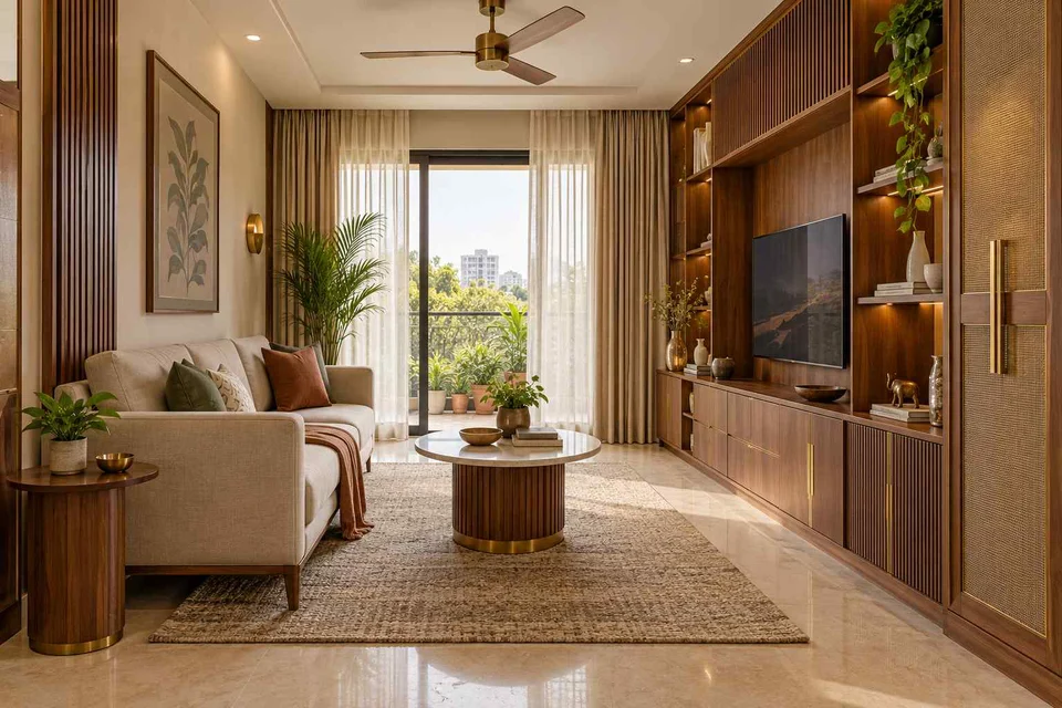 AI-generated living room design concept: storage wall lounge, rosewood brass direction