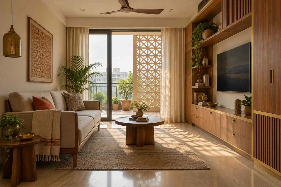 AI-generated living room design concept: storage wall lounge, sandstone lattice direction