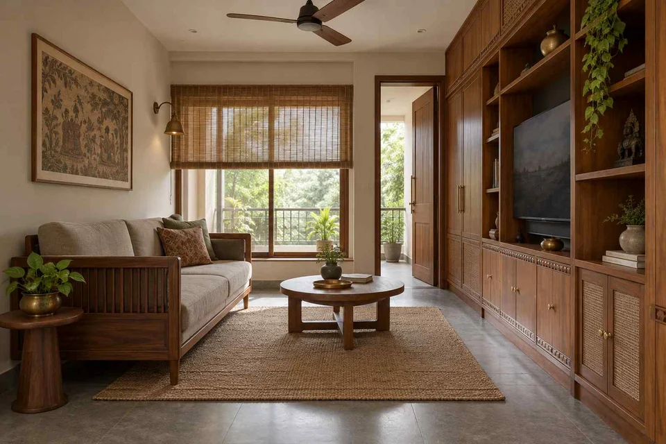 AI-generated living room design concept: storage wall lounge, teak craft direction