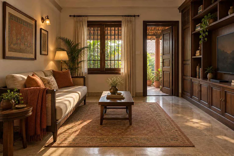 AI-generated living room design concept: storage wall lounge, terracotta heritage direction