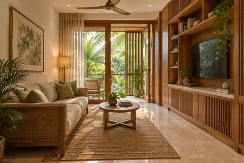 AI-generated living room design concept: storage wall lounge, tropical slatted direction