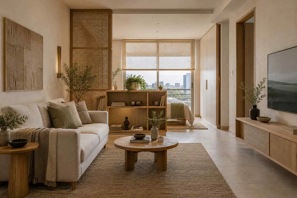 AI-generated living room design concept: studio divider lounge, ash and linen direction