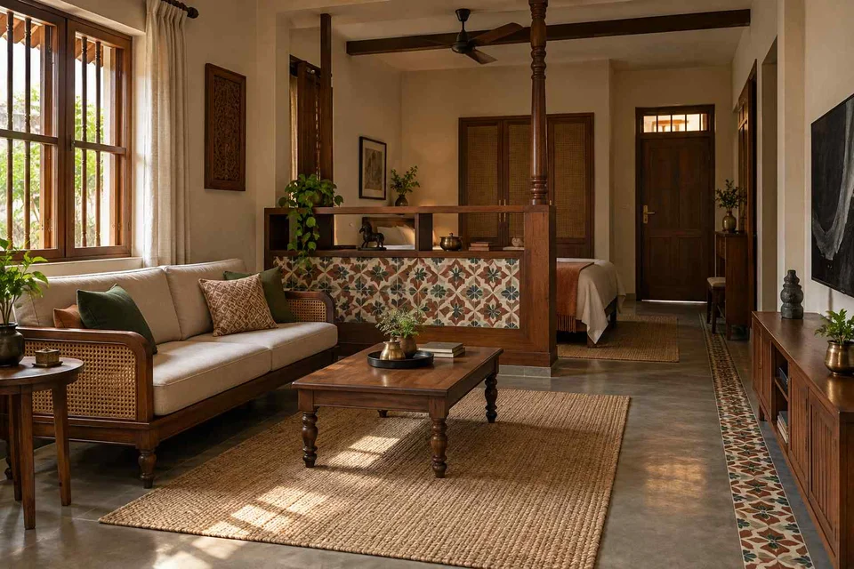 AI-generated living room design concept: studio divider lounge, chettinad tile direction