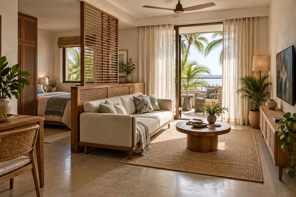 AI-generated living room design concept: studio divider lounge, coastal woven direction