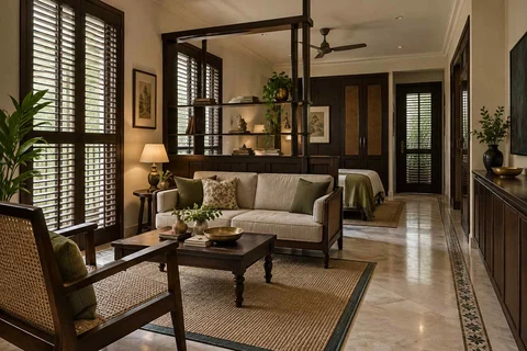 AI-generated living room design concept: studio divider lounge, colonial quiet direction