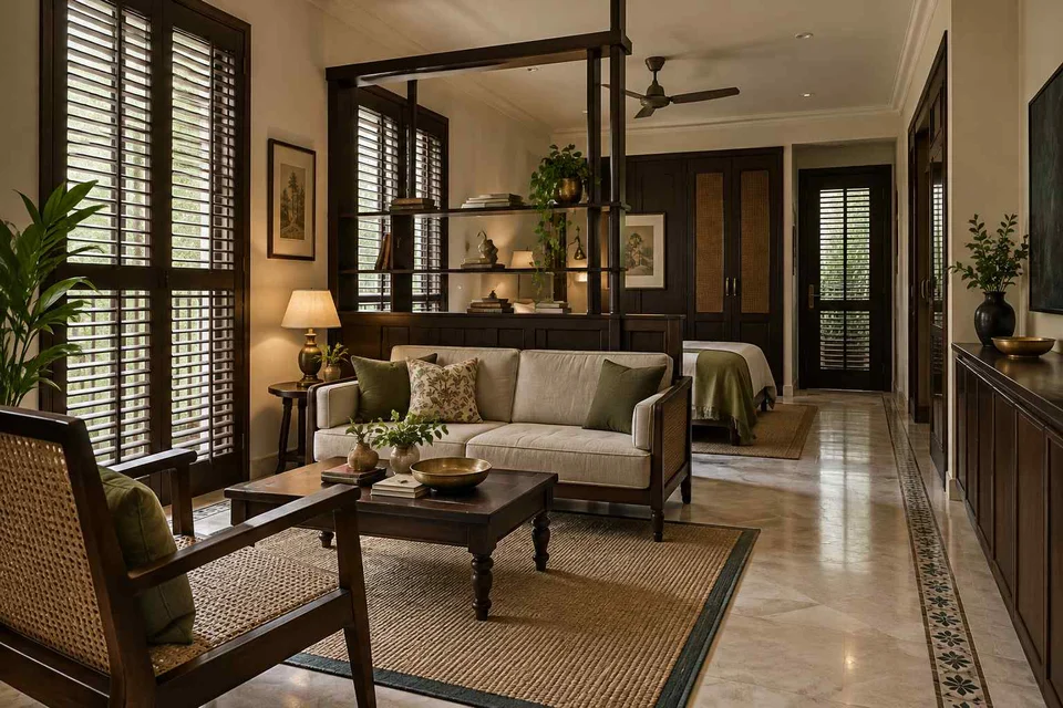 AI-generated living room design concept: studio divider lounge, colonial quiet direction