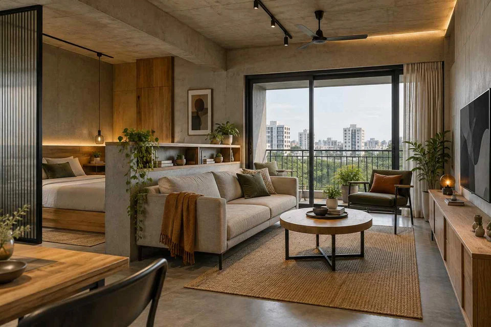 AI-generated living room design concept: studio divider lounge, concrete and oak direction