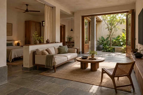 AI-generated living room design concept: studio divider lounge, courtyard modern direction