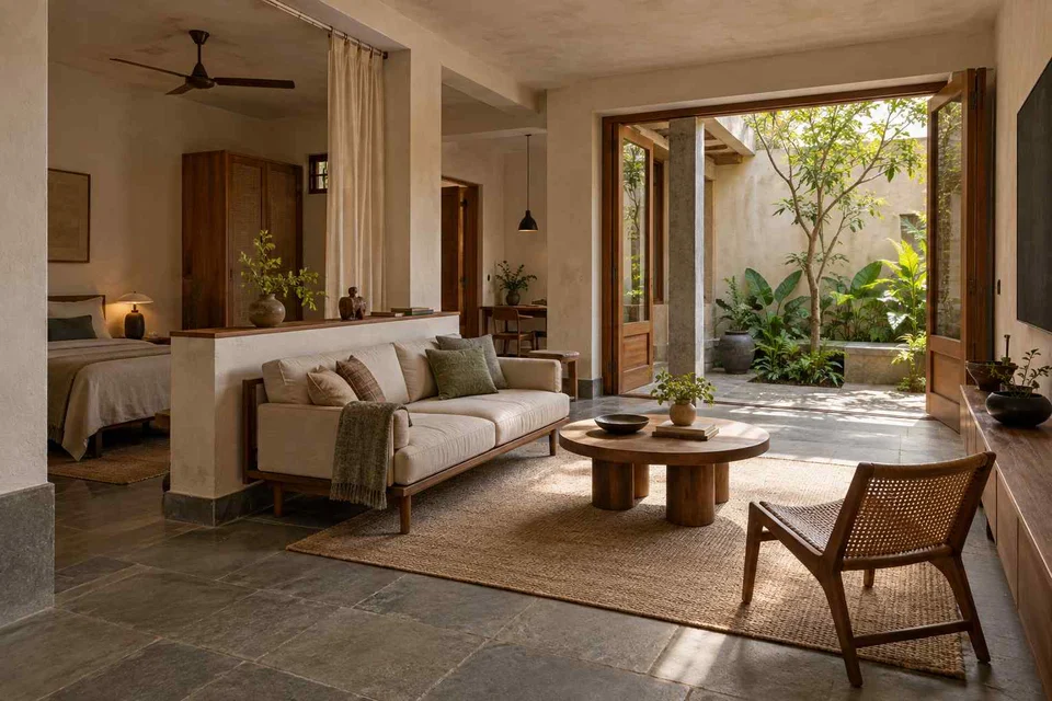 AI-generated living room design concept: studio divider lounge, courtyard modern direction