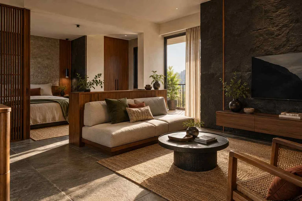 AI-generated living room design concept: studio divider lounge, deccan stone direction