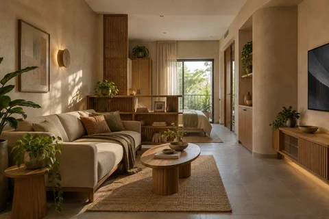 AI-generated living room design concept: studio divider lounge, earth and bamboo direction
