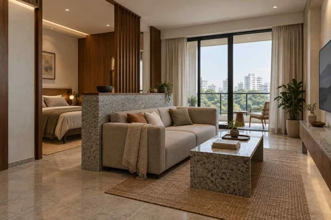 AI-generated living room design concept: studio divider lounge, granite precision direction