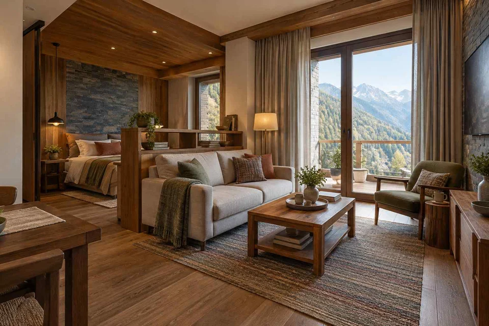 AI-generated living room design concept: studio divider lounge, hill timber direction
