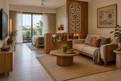 AI-generated living room design concept: studio divider lounge, inlay atelier direction