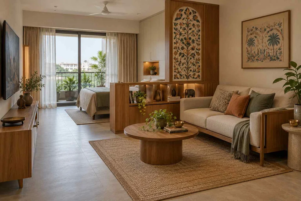 AI-generated living room design concept: studio divider lounge, inlay atelier direction
