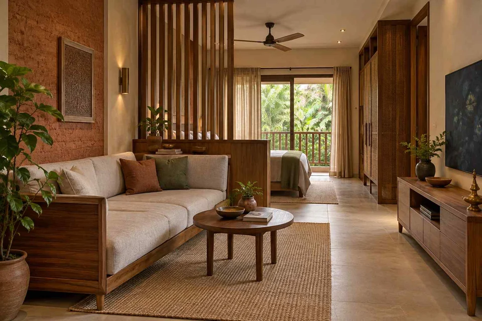 AI-generated living room design concept: studio divider lounge, malabar timber direction
