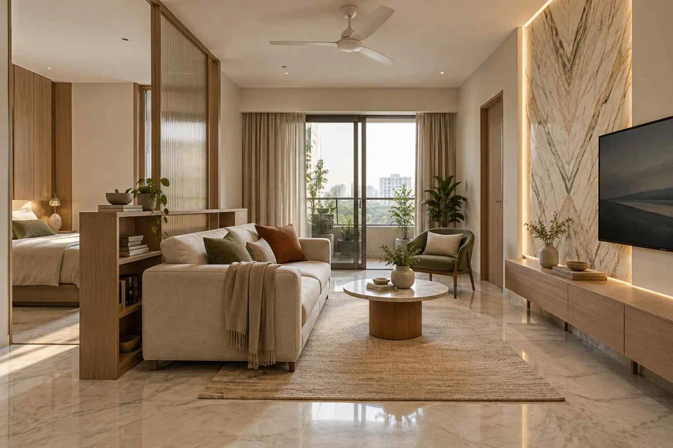 AI-generated living room design concept: studio divider lounge, marble restraint direction