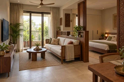 AI-generated living room design concept: studio divider lounge, modern carved direction