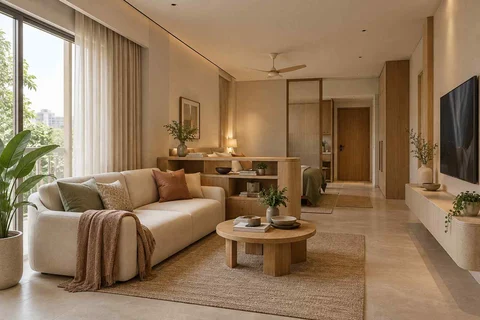 AI-generated living room design concept: studio divider lounge, quiet contemporary direction