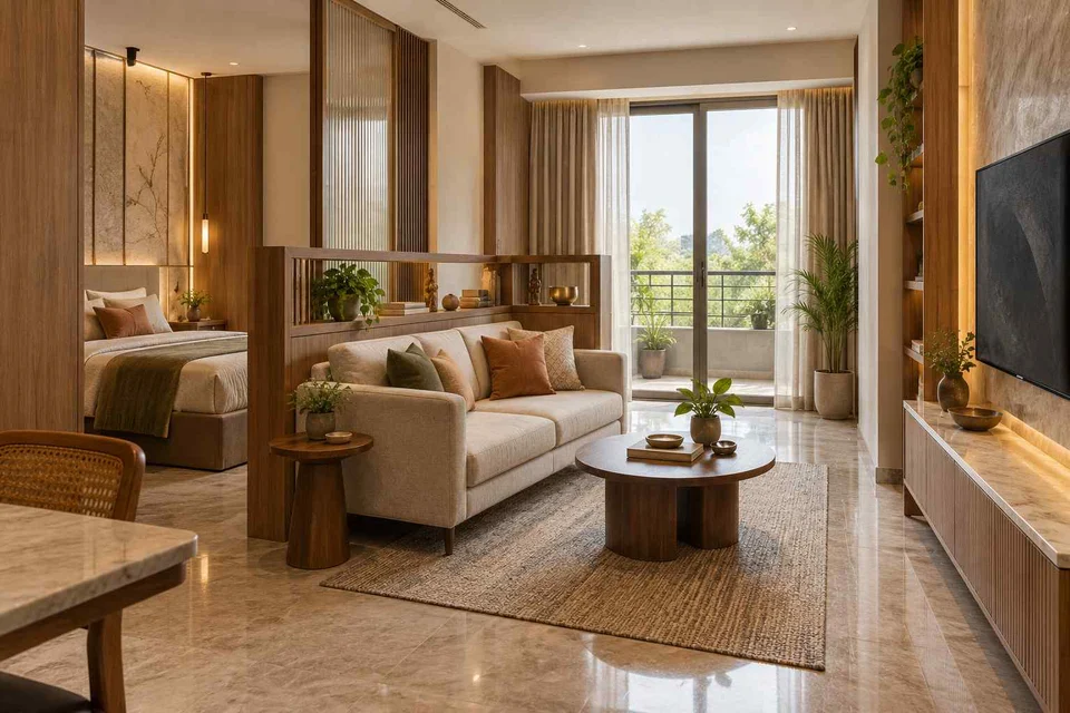 AI-generated living room design concept: studio divider lounge, quiet transitional direction