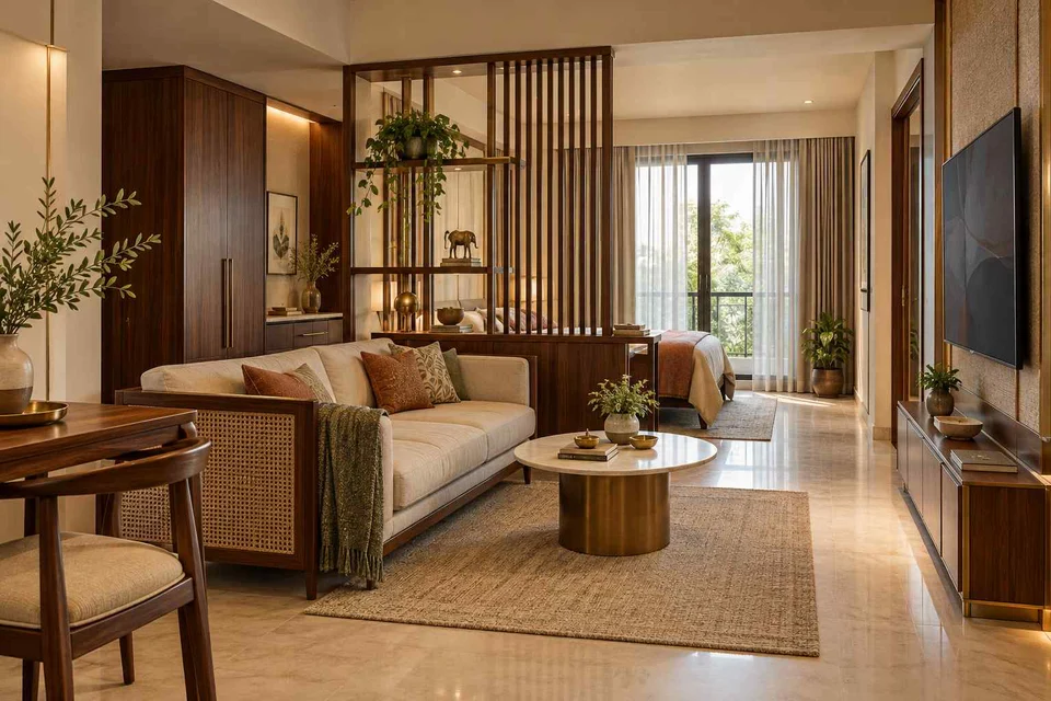 AI-generated living room design concept: studio divider lounge, rosewood brass direction