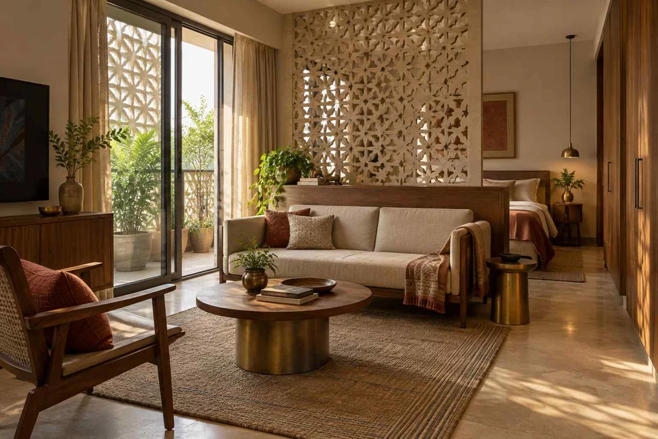 AI-generated living room design concept: studio divider lounge, sandstone lattice direction
