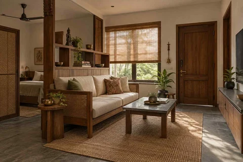 AI-generated living room design concept: studio divider lounge, teak craft direction