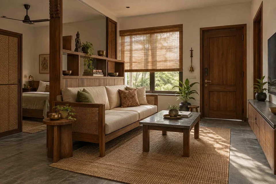 AI-generated living room design concept: studio divider lounge, teak craft direction