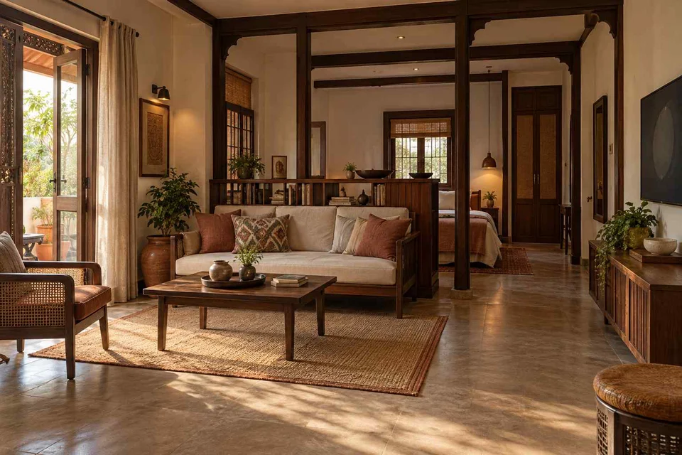 AI-generated living room design concept: studio divider lounge, terracotta heritage direction
