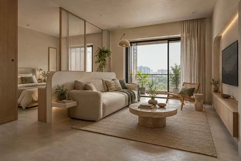 AI-generated living room design concept: studio divider lounge, textured mineral direction