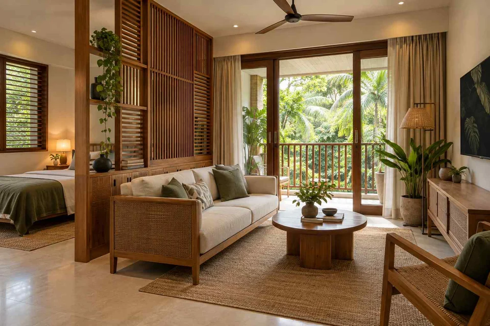 AI-generated living room design concept: studio divider lounge, tropical slatted direction