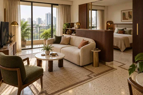 AI-generated living room design concept: studio divider lounge, urban deco direction