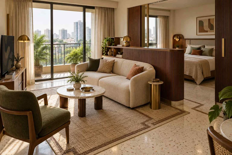 AI-generated living room design concept: studio divider lounge, urban deco direction