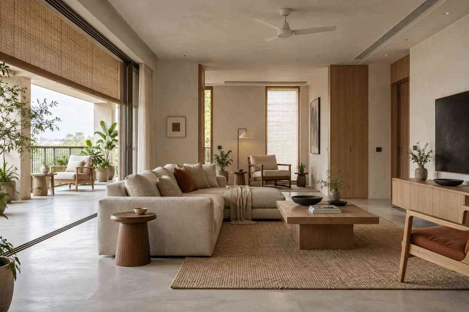 AI-generated living room design concept: wide verandah connection, ash and linen direction