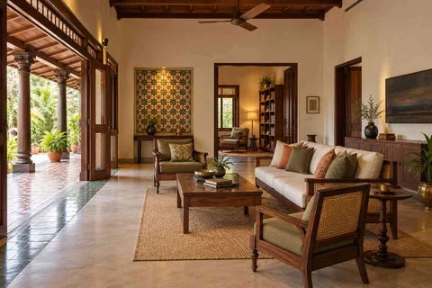 AI-generated living room design concept: wide verandah connection, chettinad tile direction