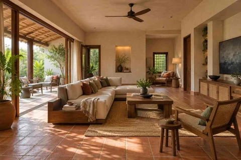 AI-generated living room design concept: wide verandah connection, clay artisan direction