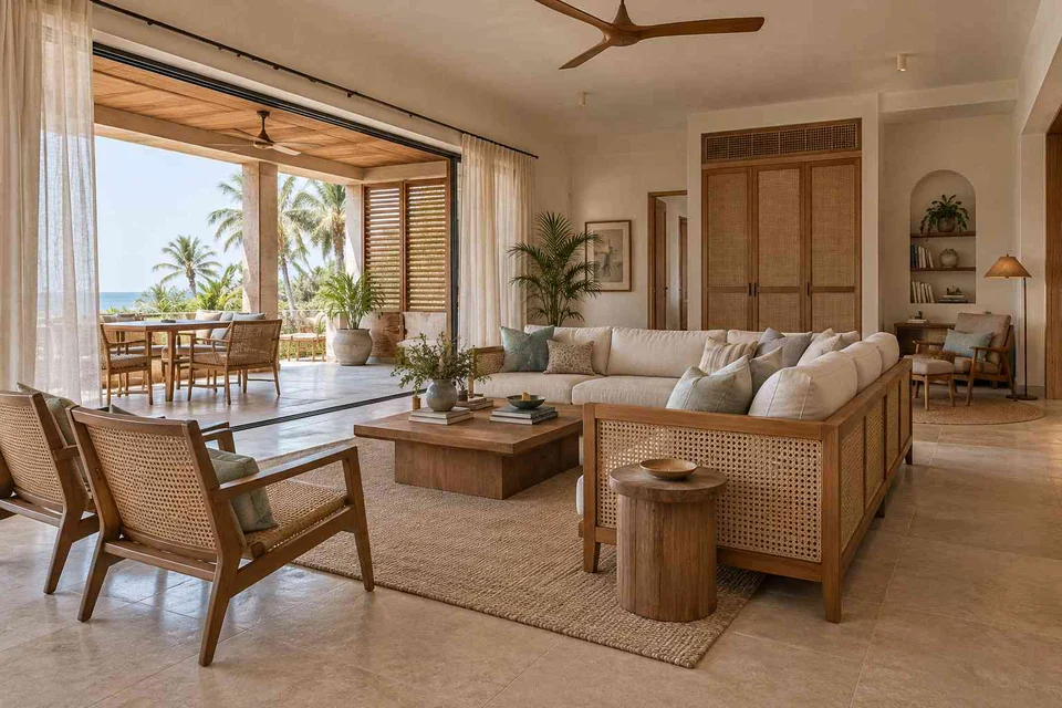 AI-generated living room design concept: wide verandah connection, coastal woven direction