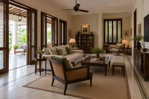 AI-generated living room design concept: wide verandah connection, colonial quiet direction