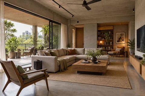 AI-generated living room design concept: wide verandah connection, concrete and oak direction