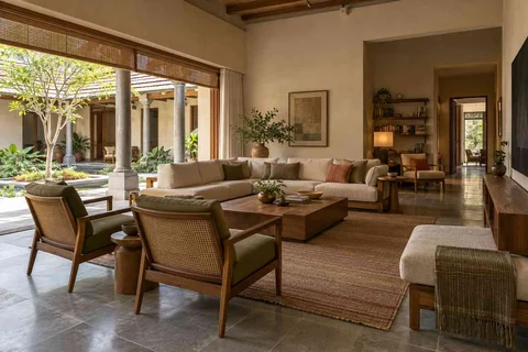 AI-generated living room design concept: wide verandah connection, courtyard modern direction