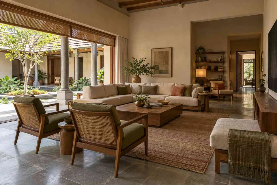 AI-generated living room design concept: wide verandah connection, courtyard modern direction