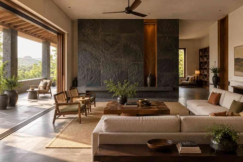 AI-generated living room design concept: wide verandah connection, deccan stone direction