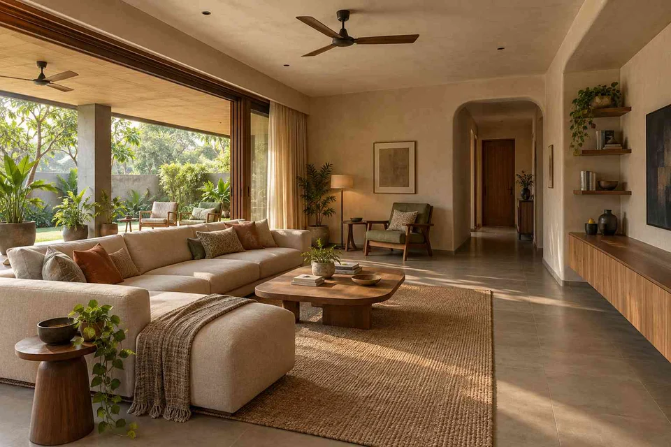 AI-generated living room design concept: wide verandah connection, earth and bamboo direction